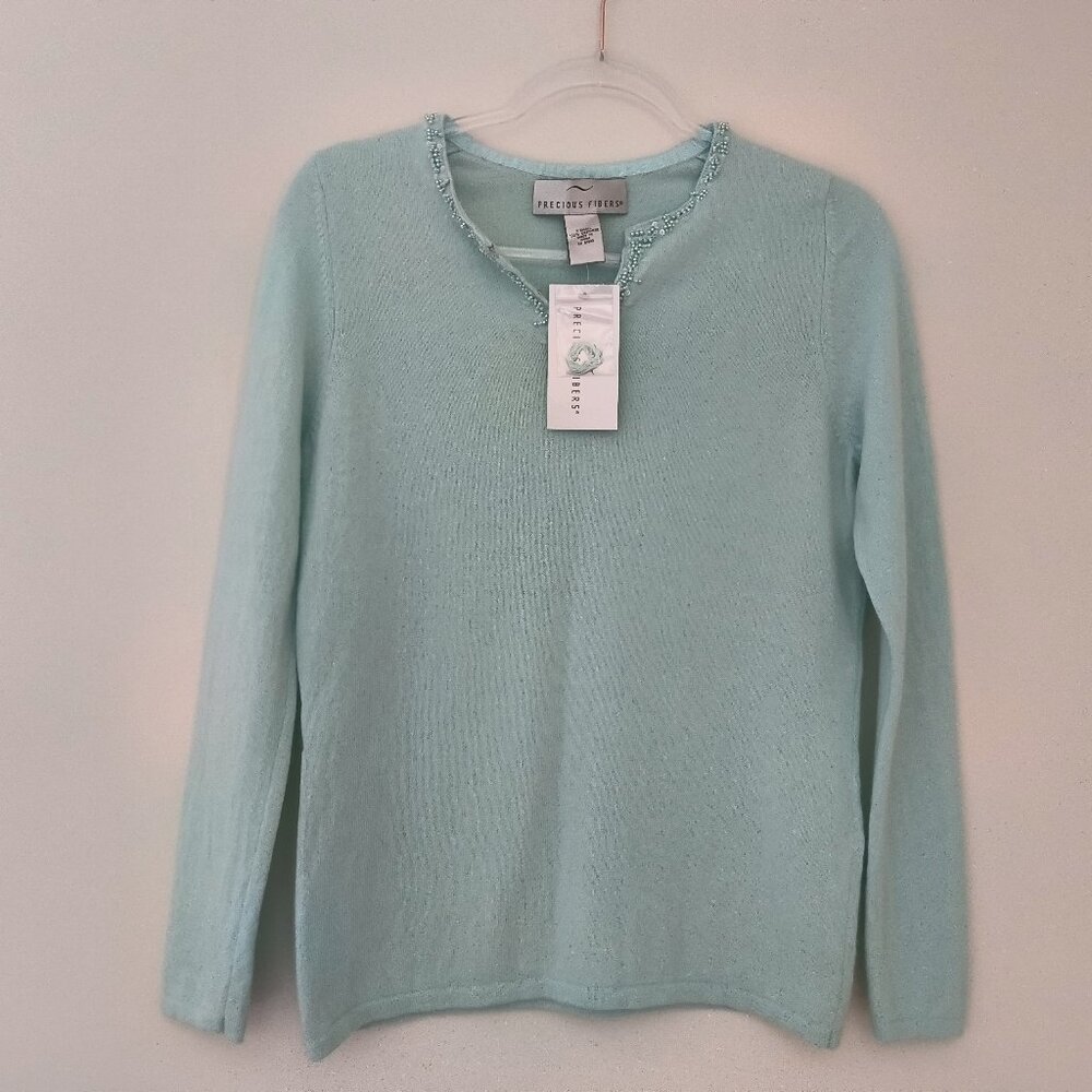 Precious Fibers  NWT Cashmere Crew Neck Women Sweater Embellished Neck  Size XS